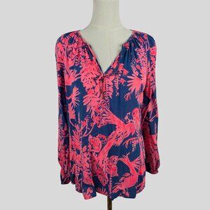 Lilly Pulitzer Willa Top Indigo Night Caw Neon Pink & Blue Print S Resortwear